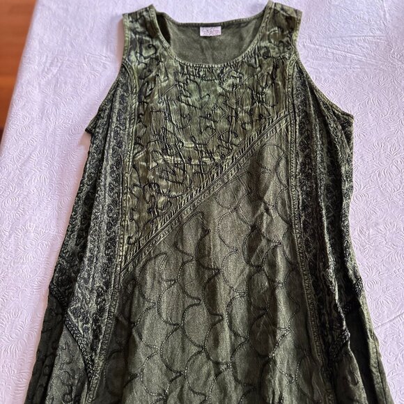Magic Wms Olive Green Long Embroidered Sleeveless Dress size Med - Picture 5 of 10